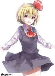 Rule 34 | 1girl, artist name, ascot, blonde hair, blush, colorized, cowboy shot, dress, fang, grey dress, hair ornament, hair ribbon, hairband, long sleeves, looking at viewer, necktie, open mouth, outstretched arms, red eyes, ribbon, rumia, shirt, short hair, simple background, sketch, skirt, skirt set, smile, solo, touhou, twitter username, upskirt, vest, white background, white shirt, wowoguni