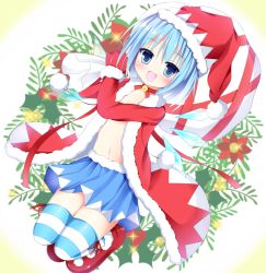 Rule 34 | 1girl, :d, alternate costume, bad id, bad pixiv id, bell, blue eyes, blue hair, blush, choker, christmas, cirno, fur trim, hat, ice, ice wings, jingle bell, jumping, looking at viewer, maccha, matching hair/eyes, navel, open clothes, open mouth, sack, santa costume, santa hat, skirt, smile, solo, striped clothes, striped thighhighs, thighhighs, touhou, wings