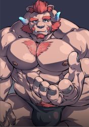 Rule 34 | 1boy, abs, arm hair, bara, beckoning, black male underwear, blue eyes, blush, bulge, chernobog (housamo), chest hair, come hither, curled horns, demon boy, demon horns, excessive pubic hair, facial hair, fangs, foreshortening, furry, furry male, glowing horns, goatee, horns, large pectorals, looking at viewer, male focus, male pubic hair, male underwear, mature male, mennsuke, muscular, muscular male, nipples, orange hair, outstretched hand, pectorals, pink fur, pubic hair, reaching, reaching towards viewer, short hair, sitting, solo, stomach, thick eyebrows, thick thighs, thighs, tokyo houkago summoners, underwear, underwear only