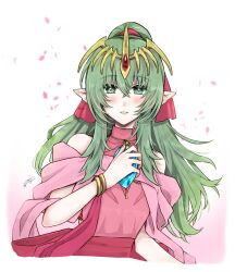 Rule 34 | 1girl, bare shoulders, blush, bow, cosplay, dragonstone, dress, falling petals, fire emblem, fire emblem: mystery of the emblem, fire emblem awakening, fire emblem heroes, glowing crystal, green eyes, green hair, hair bow, hair ornament, highres, jewelry, long hair, looking at viewer, misato hao, nintendo, official alternate costume, petals, pink dress, pointy ears, ponytail, red sash, sash, scarf, signature, simple background, sleeveless, smile, solo, tiara, tiki (adult) (fated divinity) (fire emblem), tiki (adult) (fire emblem), tiki (fire emblem), tiki (fire emblem) (cosplay), tiki (young) (fire emblem), tiki (young) (fire emblem) (cosplay), upper body, white background