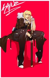 Rule 34 | 1girl, absurdres, belt, black legwear, blonde hair, blunt bangs, border, brown coat, character name, coat, facial scar, fingerless gloves, full body, fur collar, gloves, hair intakes, high heels, highres, invisible chair, jankojaro, katana, kayne (jankojaro), lips, long coat, open mouth, original, outside border, pink background, planted, planted sword, planted weapon, scar, scar on cheek, scar on face, sitting, sleeves rolled up, solo, stiletto heels, stirrup legwear, sword, teeth, thick thighs, thighs, toeless legwear, upper teeth only, weapon, white border, white footwear, white gloves, yellow eyes