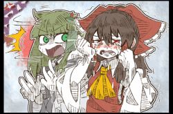 Rule 34 | 2girls, anger vein, ascot, blush, bow, brown hair, crying, crying with eyes open, detached sleeves, frog hair ornament, gap (touhou), green eyes, green hair, hair bow, hair ornament, hair tubes, hakurei reimu, japanese clothes, kochiya sanae, long hair, long sleeves, looking at another, md5 mismatch, miko, multiple girls, open mouth, red eyes, resized, shirt, snake hair ornament, suenari, suenari (peace), surprised, sweat, tears, touhou, trembling, wide sleeves