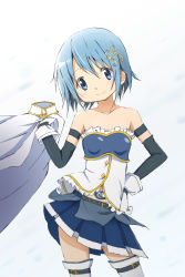 Rule 34 | 10s, 1girl, armband, bare shoulders, belt, blue eyes, blue hair, blue skirt, blush, cape, unworn cape, collarbone, contrapposto, corset, female focus, fortissimo, gloves, hair ornament, hand on own hip, head tilt, highres, holding, kinfuji, legs, looking at viewer, magical girl, mahou shoujo madoka magica, mahou shoujo madoka magica (anime), mahou shoujo madoka magica movie 1 &amp; 2, matching hair/eyes, miki sayaka, musical note, musical note hair ornament, pleated skirt, short hair, skirt, smile, solo, soul gem, standing, strapless, thighhighs, white thighhighs, zettai ryouiki