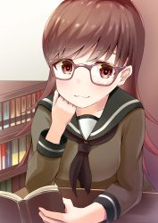 Rule 34 | 10s, 1girl, :3, bad id, bad pixiv id, black neckerchief, blush, book, bookshelf, brown eyes, brown hair, glasses, hamalu, head on hand, highres, holding, holding book, kantai collection, long hair, looking at viewer, neckerchief, ooi (kancolle), open mouth, smile, solo, table
