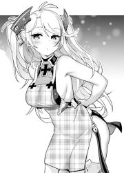 Rule 34 | 1girl, apron, ass, azur lane, blush, breasts, closed mouth, expressionless, greyscale, hori (hori no su), large breasts, long hair, looking at viewer, monochrome, prinz eugen (azur lane), sideboob, solo, unmoving pattern