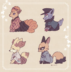 Rule 34 | :o, animal ears, animal focus, black coat, black headwear, blue eyes, bow, bright pupils, closed eyes, clothing request, coat, creatures (company), eyeshadow, facing to the side, fennekin, fox ears, fox tail, game freak, gen 1 pokemon, gen 5 pokemon, gen 6 pokemon, gen 8 pokemon, glasses, hair bow, half-closed eyes, happy, hat, japanese clothes, leaf, leaf on head, light smile, makeup, multiple tails, neck ruff, nickit, nintendo, no humans, parted lips, pokemon, pokemon (creature), red bow, red eyeshadow, simple background, sitting, smile, tail, vulpix, white pupils, yellow background, yurano (upao), zorua