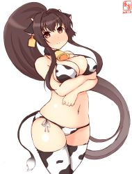 Rule 34 | 1girl, alternate costume, animal ears, animal print, artist logo, bell, bikini, breast hold, breasts, brown eyes, brown hair, collar, commentary request, cow ears, cow girl, cow horns, cow print, cow print bikini, cow tail, cowbell, crossed arms, dated, ear tag, highres, horns, kanon (kurogane knights), kantai collection, large breasts, long hair, looking at viewer, navel, neck bell, ponytail, print bikini, print thighhighs, side-tie bikini bottom, simple background, smile, solo, swimsuit, tail, thighhighs, very long hair, white background, yamato (kancolle)