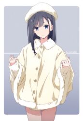 Rule 34 | 1girl, beret, black hair, blue eyes, coat, commentary request, dated, gradient background, grey background, hat, highres, long sleeves, looking at viewer, medium hair, monai-chan (nii manabu), nii manabu, original, signature, solo, standing, thighs, white hat, yellow coat