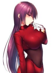 Rule 34 | 1girl, breasts, covered navel, creatures (company), game freak, gloves, gym leader, hime cut, large breasts, long hair, long sleeves, looking at viewer, nintendo, pokemon, purple hair, red eyes, sabrina (pokemon), simple background, solo, white background, white gloves, yomono