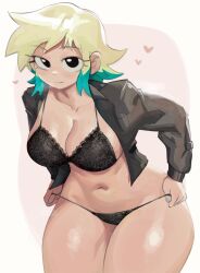 Rule 34 | 1girl, black bra, black eyes, black jacket, black panties, blonde hair, blue nails, bomber jacket, bra, breasts, cleavage, commentary, english commentary, fingernails, green hair, heart, highres, jacket, lace, lace bra, lace panties, large breasts, leaning forward, light smile, looking at viewer, multicolored hair, navel, no shirt, open clothes, open jacket, pac-man eyes, panties, panty pull, pulled by self, ramona flowers, scott pilgrim (series), short hair, solo, spaghetti strap, thick thighs, thighs, two-tone hair, underwear, undressing, w0m1, wide hips