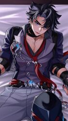 Rule 34 | 1boy, abs, absurdres, black hair, earrings, genshin impact, gloves, grey hair, grey pants, hair between eyes, highres, jewelry, koushuiba, looking at viewer, male focus, multicolored hair, muscular, muscular male, necktie, open clothes, open mouth, open shirt, pants, purple eyes, red necktie, scar, shirt, short hair, solo, streaked hair, wriothesley (genshin impact)