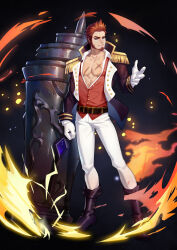 Rule 34 | 1boy, abs, absurdres, blue eyes, boots, brown hair, chengzibaobaozhu, epaulettes, facial hair, fate/grand order, fate (series), fire, full body, gloves, goatee, highres, huge weapon, long sideburns, long sleeves, looking at viewer, male focus, military, military uniform, napoleon bonaparte (fate), open clothes, pants, pectoral cleavage, pectorals, revision, scar, short hair, sideburns, smile, solo, toned, toned male, uniform, weapon