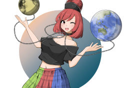 Rule 34 | 1girl, absurdres, black choker, black headwear, black shirt, blue background, blue skirt, blush, breasts, chain, choker, earth (ornament), gold chain, gradient background, green skirt, hands up, hecatia lapislazuli, highres, looking at viewer, lykesya, medium breasts, moon (ornament), multicolored clothes, multicolored skirt, navel, off shoulder, one eye closed, open mouth, orange background, plaid, plaid skirt, red eyes, red hair, red headwear, red skirt, shirt, short hair, short sleeves, skirt, smile, solo, standing, t-shirt, teeth, tongue, touhou, white background