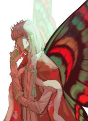 Rule 34 | 1boy, alternate eye color, arthropod boy, blue cloak, butterfly wings, cloak, crown, diamond hairband, fate/grand order, fate (series), fur-trimmed cloak, fur trim, grey hair, highres, insect wings, kny 0 0 0, long sleeves, looking at viewer, male focus, medium hair, oberon (fate), red eyes, simple background, smile, solo, upper body, white background, wings