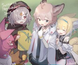 Rule 34 | 4girls, animal ear fluff, animal ears, arknights, bare shoulders, black choker, blonde hair, blue eyes, blue hairband, blush, braided hair rings, choker, closed eyes, coat, commentary, dated, english text, eyepatch, fox ears, fox girl, fox tail, frilled sleeves, frills, grey hair, hair between eyes, hair ornament, hair over one eye, hairband, hairclip, happy birthday, highres, holding, hood, hood down, hooded coat, lab coat, long sleeves, material growth, morte (arknights), multicolored hair, multiple girls, open mouth, oripathy lesion (arknights), party popper, pink hair, popukar (arknights), purple hair, red eyes, shamare (arknights), short hair, short sleeves, stuffed wolf, sussurro (arknights), sutoa, suzuran (arknights), tail, two-tone hair, white coat, white hair