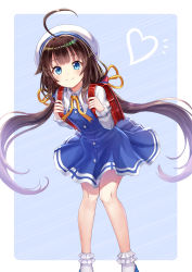 Rule 34 | 10s, 1girl, ahoge, backpack, bad id, bad pixiv id, bag, beret, blue background, blue dress, blue eyes, blue footwear, blunt bangs, blush, bobby socks, brown hair, closed mouth, commentary request, dress, hat, heart, highres, hinatsuru ai, holding, layered sleeves, leaning forward, long hair, long sleeves, looking at viewer, low twintails, puffy short sleeves, puffy sleeves, randoseru, ryuuou no oshigoto!, school uniform, seungju lee, short over long sleeves, short sleeves, smile, socks, solo, standing, twintails, two-tone background, very long hair, white background, white hat, white socks