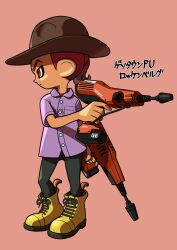 Rule 34 | 1boy, black pants, boots, brown hat, buttons, collared shirt, commentary request, dual wielding, dualie squelcher (splatoon), full body, gun, hat, highres, holding, holding gun, holding weapon, nintendo, octoling, octoling boy, octoling player character, pants, purple shirt, red background, red eyes, red hair, shirt, short hair, simple background, solo, splatoon (series), splatoon 3, translation request, weapon, xdies ds, yellow footwear
