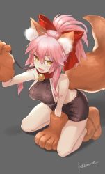 Rule 34 | 10s, 1girl, @ @, alternate costume, animal ears, animal hands, bad id, bad pixiv id, bell, breasts, collar, fate/extra, fate/grand order, fate (series), fox ears, fox tail, grey background, hair ribbon, highres, large breasts, long hair, looking at viewer, meme attire, neck bell, open mouth, pink hair, ribbon, sideboob, simple background, solo, tail, tamamo (fate), tamamo cat (fate), tamamo no mae (fate/extra), tranquil-lizer, yellow eyes