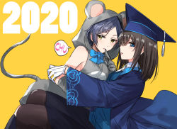Rule 34 | 2020, 2girls, animal costume, animal hood, bad id, bad twitter id, black hair, black legwear, blue bow, blue hair, bow, chinese zodiac, finger to mouth, gloves, hat, hood, hoodie, medium hair, mortarboard, mouse costume, mouse hood, mouse tail, multiple girls, new year, parted lips, romi (346 ura), short hair, sleeveless, sleeveless hoodie, speech bubble, tail, white gloves, year of the rat, yellow background, yellow eyes