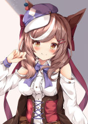Rule 34 | 1girl, animal ears, blue hat, blush, bow, breasts, brown eyes, brown hair, center frills, closed mouth, clothing cutout, collared shirt, commentary request, corset, ears through headwear, flat cap, frills, hair ornament, hairclip, hand up, hat, highres, horse ears, horse girl, long sleeves, looking at viewer, matikane tannhauser (umamusume), medium breasts, multicolored hair, red bow, rumiko (rmeco), shirt, shoulder cutout, simple background, smile, solo, streaked hair, swept bangs, umamusume, upper body, white hair, white shirt