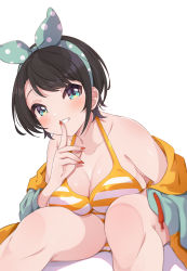 Rule 34 | 1girl, bikini, black hair, blue eyes, bow, breasts, cleavage, drawstring, finger to mouth, hair bow, halterneck, highres, hololive, leaning forward, medium breasts, nail polish, off shoulder, oozora subaru, oozora subaru (hololive summer 2019), polka dot, polka dot bow, short hair, shushing, smile, solo, striped bikini, striped clothes, suzushika (13 96), swimsuit, thighs, virtual youtuber, white background