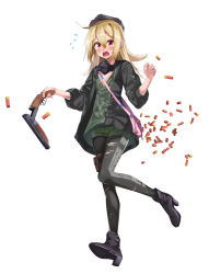 Rule 34 | 1girl, bag, black footwear, black hat, black jacket, black pantyhose, blonde hair, blush, boots, breasts, camouflage, camouflage shorts, commentary request, ear protection, fang, fingernails, flat cap, flower, full body, green shirt, green shorts, gun, hair between eyes, haru to neru (act partner), hat, headset, high heel boots, high heels, highres, holding, holding gun, holding weapon, holster, jacket, long hair, long sleeves, open clothes, open jacket, open mouth, original, oxygen mask, pantyhose, red eyes, sawed-off shotgun, shirt, short shorts, shorts, shotgun, shotgun shell, shoulder bag, simple background, small breasts, solo, standing, standing on one leg, thigh holster, torn clothes, torn pantyhose, trigger discipline, weapon, weapon request, white background