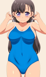 Rule 34 | 1girl, bare arms, bare shoulders, beasts, black hair, blush, breasts, cameltoe, capitan (tsyoujo), cleavage, closed mouth, clothes pull, collarbone, covered navel, female focus, highres, long hair, looking at viewer, medium breasts, one-piece swimsuit, one-piece swimsuit pull, original, purple eyes, sideboob, simple background, solo, swimsuit