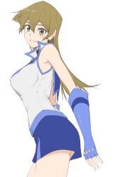 Rule 34 | 1girl, blonde hair, blush, breasts, brown eyes, brown hair, closed mouth, duel academy uniform (yu-gi-oh! gx), gloves, hair between eyes, long hair, looking at viewer, rourou ill, shirt, simple background, skirt, sleeveless, smile, solo, tenjouin asuka, white background, yellow eyes, yu-gi-oh!, yu-gi-oh! gx