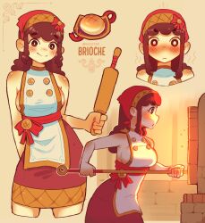 Rule 34 | 1girl, absurdres, artist name, baking, bread, breasts, brick oven, brioche, brown hair, english text, food, gaziter, head scarf, highres, humanization, long hair, medium breasts, multiple views, original, oven, personification, red skirt, rolling pin, sideboob, skirt, solo, tagme, twitter username