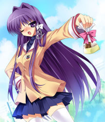 Rule 34 | 00s, 1girl, blush, chocolate, clannad, fujibayashi kyou, gift, holding, holding gift, long hair, long sleeves, one eye closed, open mouth, paco, purple eyes, purple hair, school uniform, solo, thighhighs, tsundere, valentine, very long hair, wink