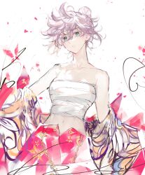 Rule 34 | 1girl, akashi senju, bare shoulders, blue eyes, chain, chest sarashi, closed mouth, colored eyelashes, floral print, flower, hair bun, highres, jacket, looking at viewer, off shoulder, pants, pink flower, pink pants, print jacket, remsrar, sarashi, solo, tokyo revengers, white hair