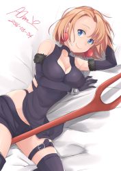 Rule 34 | 1girl, aori sora, between legs, black gloves, blonde hair, blue eyes, boots, bracelet, breasts, cleavage, earrings, elbow gloves, gloves, halterneck, highres, jewelry, junketsu no maria, long hair, looking at viewer, lying, maria (junketsu no maria), medium breasts, on side, short hair, shorts, smile, solo, staff, thigh boots, thigh strap, thighhighs