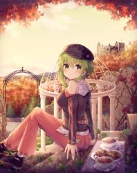 Rule 34 | 1girl, arch, autumn, autumn leaves, belt, black shirt, black tea, blueberry, blush, cabbie hat, castle, commentary, cup, food, fruit, green eyes, green hair, gumi, hat, highres, leaf, light blush, looking at viewer, looking to the side, maple leaf, off-shoulder shirt, off shoulder, outdoors, pants, pink pants, plate, raspberry, sakakidani, shirt, shoes, sitting, smile, sneakers, solo, stairs, tea, teacup, tree, vocaloid, waffle