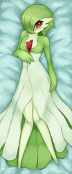Rule 34 | 1girl, arm at side, arm rest, blush, closed mouth, collarbone, creatures (company), dakimakura (medium), dress, from above, furry, furry female, game freak, gardevoir, gen 3 pokemon, green hair, hand rest, highres, knees together feet apart, looking at viewer, lying, medium hair, monster girl, nintendo, nose blush, on back, pokemon, pokemon (creature), red eyes, seraziel, smile, solo