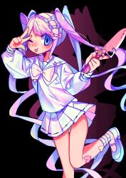 Rule 34 | 1girl, :p, absurdres, ankle strap, black background, blonde hair, blue bow, blue eyes, blue hair, blush, bow, bowtie, chouzetsusaikawa tenshi-chan, colored shadow, double helix, drop shadow, foot out of frame, foot up, hair bow, hands up, highres, holding, holding knife, iridescent, kitchen knife, knife, long hair, long sleeves, looking at viewer, miniskirt, multicolored hair, multiple hair bows, nail polish, needy girl overdose, one eye closed, pink bow, pink hair, platform footwear, pleated skirt, pointing, pointing to the side, puffy long sleeves, puffy sleeves, purple bow, quad tails, school uniform, screentones, serafuku, shadow, simple background, single hair intake, skirt, solo, stylishtrash, tongue, tongue out, very long hair, w, yellow bow, yellow bowtie