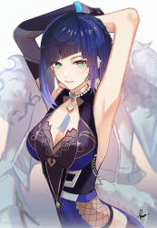 Rule 34 | 1girl, absurdres, armpits, arms up, beads, black gloves, blue hair, bob cut, breasts, detached sleeves, diagonal bangs, dice, fur-trimmed jacket, fur trim, genshin impact, gloves, green eyes, highres, jacket, jacket on shoulders, jewelry, kawausoman, looking at viewer, medium breasts, mole, mole on breast, parted lips, presenting armpit, short hair, signature, simple background, sleeveless, solo, sparkle, tassel, white background, white jacket, yelan (genshin impact)