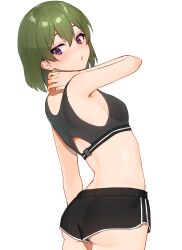 Rule 34 | 1girl, absurdres, ass, black shorts, black sports bra, blush, breasts, dolphin shorts, green hair, hand on own neck, highres, idolmaster, idolmaster million live!, looking back, nagayoshi subaru, red eyes, short hair, shorts, simple background, small breasts, solo, sports bra, tutimaru0730, underbutt, white background