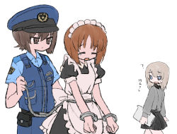 Rule 34 | 3girls, ?, alternate costume, apron, back bow, belt, black belt, black dress, black skirt, blue eyes, blue pants, blue shirt, bound, bound wrists, bow, brown eyes, brown hair, clipboard, closed eyes, closed mouth, commentary, cosplay, cuffs, dress, dress shirt, enmaided, frilled dress, frills, frown, girls und panzer, grey shirt, handcuffs, hat, highres, holding, holding clipboard, holding leash, itsumi erika, kuromorimine school uniform, leash, long sleeves, looking at another, looking back, maid, maid apron, maid headdress, medium hair, miniskirt, multiple girls, nishizumi maho, nishizumi miho, open mouth, pants, peaked cap, pleated skirt, police, police hat, police uniform, pouch, puffy short sleeves, puffy sleeves, ri (qrcode), school uniform, shirt, short dress, short hair, short sleeves, siblings, silver hair, simple background, sisters, skirt, standing, tearing up, translated, uniform, white apron, white background, white bow