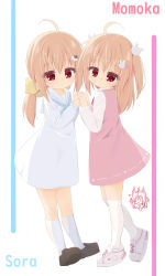 Rule 34 | 2girls, ahoge, black footwear, blonde dog girl (ri-net), blue neckerchief, brown hair, cat hair ornament, character name, character watermark, closed mouth, dress, hair ornament, hairclip, hands up, highres, holding hands, loafers, long hair, long sleeves, multiple girls, neckerchief, one side up, original, over-kneehighs, pink dress, rabbit hair ornament, ri-net, sailor collar, sailor dress, shoes, simple background, sleeveless, sleeveless dress, smile, socks, thighhighs, white background, white dress, white footwear, white sailor collar, white socks, white thighhighs