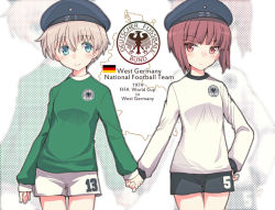 Rule 34 | 10s, blue eyes, brown eyes, brown hair, clothes writing, fujii jun, german flag, german text, germany, holding hands, hand on own hip, hat, kantai collection, long sleeves, military hat, sailor hat, short hair, shorts, silver hair, soccer, soccer uniform, sportswear, world cup, z1 leberecht maass (kancolle), z3 max schultz (kancolle)
