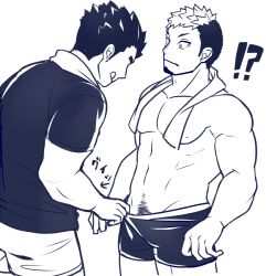 Rule 34 | !?, 2boys, abs, assisted exposure, bara, black hair, black shirt, blue theme, boxers, bulge, couple, cowboy shot, dark-skinned male, dark skin, facial hair, goatee, gozu farm, green boxers, ikusaba daisuke, licking lips, male focus, male pubic hair, male underwear, protagonist 3 (housamo), monochrome, multicolored hair, multiple boys, muscular, navel, nipples, partially colored, pectorals, pubic hair, shirt, short hair, sideburns, taurus mask, thick thighs, thighs, tokyo houkago summoners, tongue, tongue out, towel, towel around neck, two-tone hair, underwear, underwear only, undressing another, white background, yaoi