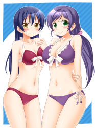 Rule 34 | 10s, 2girls, bikini, blue hair, blush, breasts, cleavage, frilled bikini, frills, green eyes, highres, large breasts, long hair, looking at viewer, love live!, love live! school idol festival, love live! school idol project, midriff, multiple girls, navel, purple bikini, purple hair, red bikini, side-tie bikini bottom, smile, sonoda umi, standing, striped, striped background, swimsuit, tojo nozomi, twintails, utomo, yellow eyes