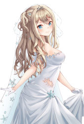 Rule 34 | 1girl, :d, bare shoulders, blonde hair, blue eyes, blush, breasts, bridal veil, bride, closed mouth, commentary request, detached sleeves, dress, flower, from side, girls&#039; frontline, gloves, hair flower, hair ornament, happy, highres, holding, holding clothes, jewelry, looking at viewer, looking to the side, makeup, medium breasts, official alternate costume, one side up, open mouth, profile, ryn (rinorea), short sleeves, simple background, smile, solo, standing, star (symbol), star print, strapless, strapless dress, suomi (blissful mission) (girls&#039; frontline), suomi (girls&#039; frontline), tiara, veil, wavy hair, wedding, wedding dress, white background, white dress, white gloves