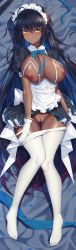 Rule 34 | 1girl, absurdres, ahoge, black hair, blue archive, blush, breasts, clothes lift, dakimakura (medium), dark skin, heels, highres, karin (blue archive), large breasts, long hair, long image, looking at viewer, lying, maid, nipples, no bra, no panties, on back, open clothes, open shirt, pantyhose, pussy, skirt, skirt lift, solo, tall image, undressing, very long hair, wide hips, yellow eyes
