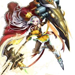 Rule 34 | 1girl, axe, battle axe, cape, commentary request, copyright name, crown, dress, elbow gloves, electricity, full body, fur trim, gloves, green hair, headgear, holding, holding weapon, jpeg artifacts, kamihime project, long hair, looking at viewer, multicolored hair, official art, open mouth, pantyhose, purple eyes, shield, short dress, simple background, sleeveless, solo, thighhighs, weapon, white background, white hair