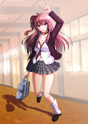 Rule 34 | 1girl, :d, arm up, bag, black footwear, blazer, blush, bobby socks, breasts, cleavage, collar, full body, hair between eyes, hair ribbon, highres, jacket, large breasts, loafers, long hair, long sleeves, looking at viewer, miniskirt, \\n/, necktie, open clothes, open jacket, open mouth, original, pink eyes, plaid, plaid skirt, pleated skirt, purple hair, red necktie, red ribbon, ribbon, school uniform, shadow, shirt, shoes, side ponytail, skirt, smile, socks, solo, standing, taka (hiroa), white shirt, white socks