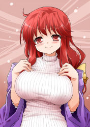Rule 34 | 1girl, akou roushi, alternate costume, blush, bow, breasts, covered erect nipples, female focus, hair bow, kotohime (touhou), large breasts, long hair, looking at viewer, red eyes, red hair, ribbed sweater, smile, solo, sweater, touhou, touhou (pc-98)
