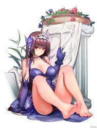 Rule 34 | 1girl, absurdres, bare shoulders, barefoot, blush, breasts, cherry, choker, cleavage, closed mouth, collarbone, dress, elbow gloves, fate/grand order, fate (series), feet, flower, food, fruit, gloves, hair flower, hair ornament, heroic spirit formal dress, highres, knees up, large breasts, legs, long hair, looking at viewer, ninai, panties, pot, purple dress, purple gloves, purple hair, purple panties, red eyes, scathach (fate), scathach (formal dress) (fate), simple background, sitting, soles, tiara, toes, underwear, white background