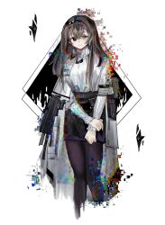 1girl absurdres arknights asymmetrical_eyes bow brown_eyes capelet coat cowboy_shot diamond-shaped_pupils diamond_(shape) glitch hairband highres long_sleeves looking_at_viewer originium_(arknights) pantyhose priestess_(arknights) shirt skirt solo symbol-shaped_pupils white_coat ziyuanqishuo01447