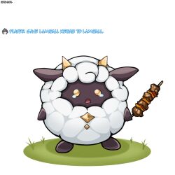 Rule 34 | 1other, commentary, english commentary, english text, food, full body, grass, highres, holding, holding food, horns, kebab, lamball, palworld, simple background, soleisskatsu, standing, tearing up, white background, wool